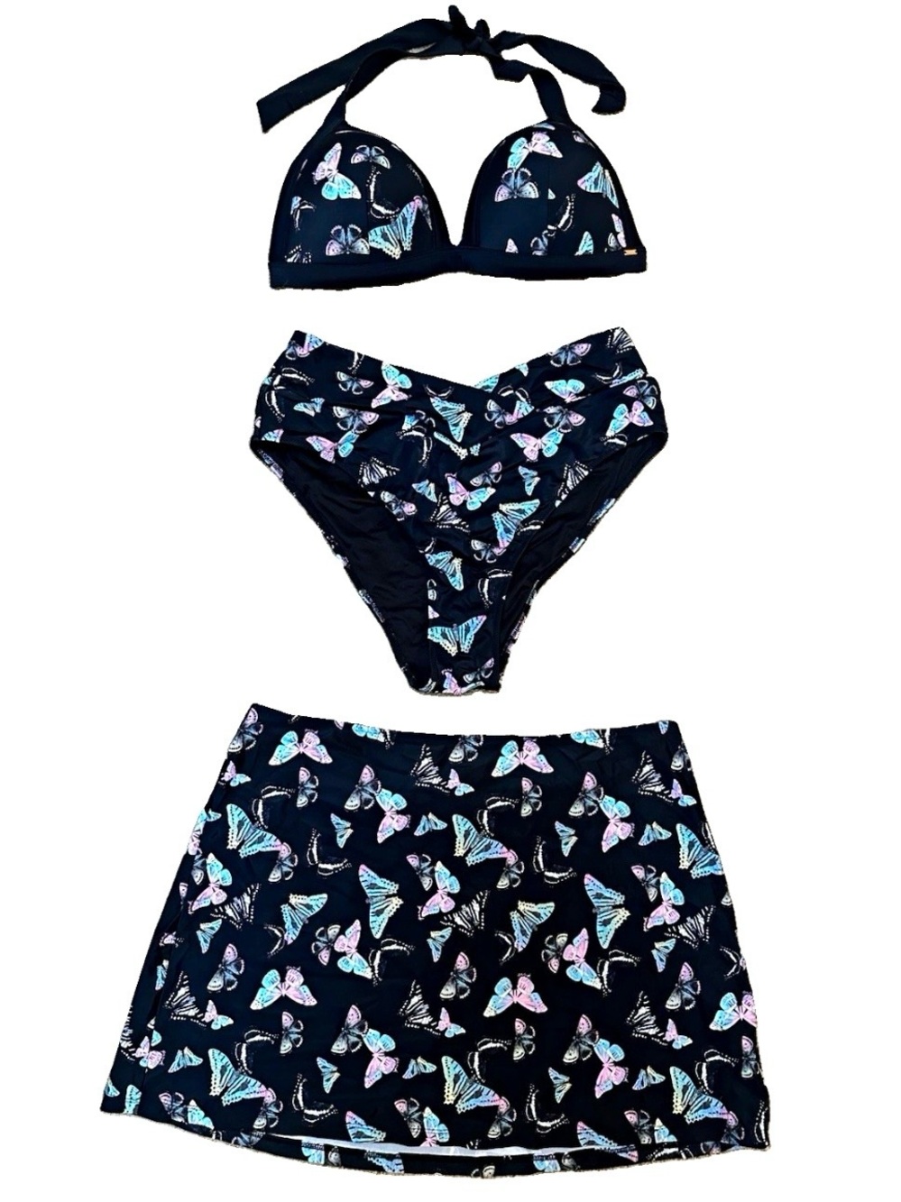 VS PINK Butterfly Push-Up Halter High V-Waist Cheeky Bikini Set W/Skirt L/XL